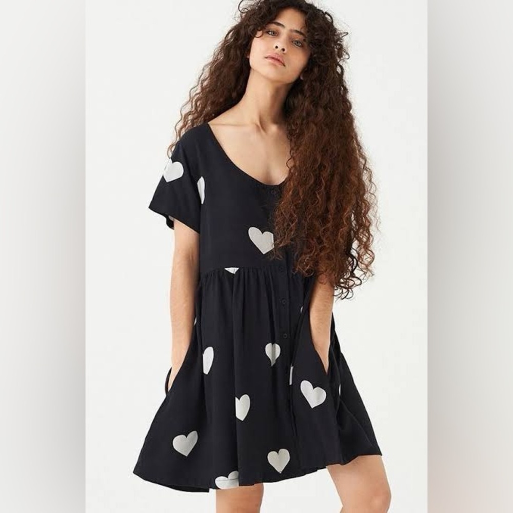 Lazy Oaf Mono Heart Spot Print Dress Button Front Pockets Mini Size S